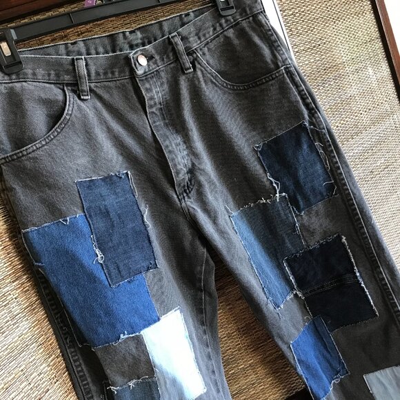 Upcycled Patchwork Long Jean Shorts: Denim Patched Hippie Pants, Waist Size 35 - Picture 5 of 9